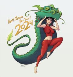  2024 barefoot black_hair breasts chinese_new_year crop_top devilhs dragon earrings eastern_dragon english_text female highres jewelry large_breasts looking_at_viewer midriff navel original pants red_pants red_shirt shirt signature simple_background sleeveless sleeveless_shirt solo sphere_earrings white_background 