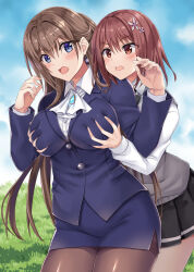  2girls absurdres amanashi_nui black_pantyhose black_skirt blue_eyes blue_jacket blue_skirt blush boku_no_kanojo_sensei breast_envy breasts brown_eyes brown_hair collared_shirt commission earrings flower fujiki_maka grabbing_another&#039;s_breast grabbing_from_behind grey_sweater_vest groping hair_between_eyes hair_flower hair_ornament highres jacket jewelry large_breasts long_hair long_sleeves minarai multiple_girls open_mouth pantyhose pixiv_commission school_uniform shirt short_hair skirt standing sweater_vest teacher v-shaped_eyebrows very_long_hair white_shirt 