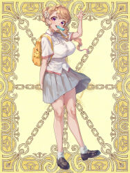  backpack bad_arm bag bag_charm black_footwear blonde_hair bow braid breasts charm_(object) female flower food full_body grey_skirt hair_flower hair_ornament hand_up kerberos_blade large_breasts loafers long_hair looking_at_viewer mina_kuran mouth_hold popsicle purple_eyes shirt shoes short_sleeves skirt socks solo uohira_(tw) white_bow white_shirt white_socks yellow_background 