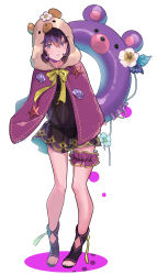  absurdres animal_hood bernadetta_von_varley bernadetta_von_varley_(summer) bikini breasts female fire_emblem fire_emblem:_three_houses fire_emblem_heroes flower grey_eyes highres hood innertube looking_at_viewer official_alternate_costume plumeria purple_bikini purple_hair see-through short_hair simple_background solo swim_ring swimsuit towel white_background white_flower yachimata_1205 