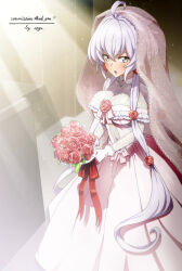  ahoge blush bouquet breasts bridal_veil bride cleavage dress female flower hair_flower hair_ornament hair_scrunchie indoors large_breasts long_hair looking_at_viewer open_mouth purple_eyes rose scrunchie senki_zesshou_symphogear solo uganda_(ugandam_00) veil wedding_dress white_hair yukine_chris 