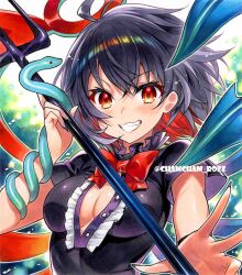  ahoge black_hair black_shirt blush breasts chacham cleavage female holding_trident houjuu_nue looking_at_viewer medium_breasts multicolored_hair parted_lips red_eyes red_hair shirt short_hair smile snake solo teeth touhou two-tone_hair upper_body 