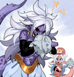  2girls android_21 arm_cannon biting biting_another&#039;s_tail biting_arm black_sclera black_tube_top blue_eyes breasts colored_sclera colored_skin commentary_request cosplay cowboy_shot crossover dragon_ball dragon_ball_fighterz galarian_slowbro galarian_slowbro_(cosplay) galarian_slowpoke harem_pants long_hair majin_android_21 medium_breasts multiple_girls nanika_(nnkgh) navel pants pink_skin pink_tail pointy_ears pokemon purple_skin purple_tail red_eyes slowbro slowbro_(cosplay) slowpoke solo_focus strapless tail tube_top very_long_hair weapon white_hair white_pants 