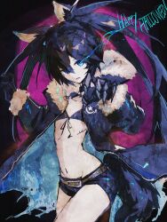  animal_ears belt bikini bikini_top_only black_coat black_hair black_rock_shooter black_rock_shooter_(character) black_shorts blue_eyes coat female fingernails fire flaming_eye glowing glowing_eye glowing_eyes highres hood hooded_coat kemonomimi_mode long_hair midriff mutomorokoshi no_shirt open_clothes pale_skin scar sharp_fingernails shorts skeletal_hand star_(symbol) swimsuit tail twintails uneven_twintails 