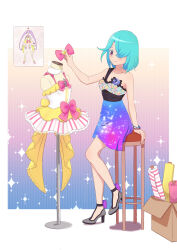  a_(toitoitoioekk) absurdres bad_id bad_twitter_id bare_shoulders black_footwear blue_hair bow box bracelet cardboard_box drawing_(object) dress female full_body hair_over_one_eye high_heels highres hojo_cosmo holding holding_bow_(ornament) inactive_account jewelry looking_at_viewer manaka_laala mannequin multicolored_clothes multicolored_dress pink_bow pretty_series pripara purple_eyes short_hair sitting sleeveless sleeveless_dress smile solo sparkle stool unworn_dress 