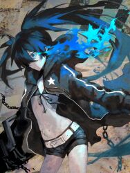  arm_cannon belt bikini bikini_top_only black_coat black_rock_shooter black_rock_shooter_(character) black_shorts blue_eyes blue_fire chains coat female fire flaming_eye glowing glowing_eye highres hood hooded_coat long_hair midriff mutomorokoshi no_shirt open_clothes open_coat pale_skin rock_cannon scar shorts solo star_(symbol) swimsuit twintails uneven_twintails weapon 