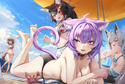  4girls :3 ahoge animal_ear_fluff animal_ears arm_up ass bare_legs barefoot beach beach_mat beach_umbrella belt_collar bikini black_bikini black_collar black_hair blue_bikini blue_skirt blue_sky blush braid breasts brown_eyes brown_hair cat_ears cat_girl cat_tail closed_eyes cloud collar commentary crab crossed_bangs day dog_ears dog_girl dog_tail english_commentary feet feet_up flower flying_sweatdrops food food_bite fox_ears fox_girl fox_tail front-tie_top grey_hair hair_between_eyes hair_flower hair_ornament highres holding holding_food holding_popsicle hololive hololive_gamers inugami_korone large_breasts leaf_print light_rays long_braid looking_to_the_side lying maple_leaf_print medium_breasts multicolored_hair multiple_girls navel nekomata_okayu o-ring o-ring_bikini o-ring_bottom oerba_yun_fang on_stomach ookami_mio ookami_mio_(hololive_summer_2019) open_mouth outdoors ponytail popsicle purple_eyes purple_hair red_flower red_hair shirakami_fubuki shirakami_fubuki_(hololive_summer_2019) short_hair shorts side-tie_bikini_bottom signature skirt sky smile soles standing standing_on_one_leg streaked_hair string_bikini sunbeam sunlight sweat swimsuit tail the_pose toes umbrella untied_bikini untied_bikini_top virtual_youtuber waving white_shorts wolf_ears wolf_girl wszkii yellow_bikini yellow_eyes 