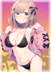  :3 absurdres armpit_crease bra breasts cardigan cleavage female green_eyes hair_ornament hairclip hatyuuruinohito highres large_breasts light_brown_hair navel nijisanji panties short_hair solo stomach suzuhara_lulu suzuhara_lulu_(1st_costume) underwear virtual_youtuber x_hair_ornament 