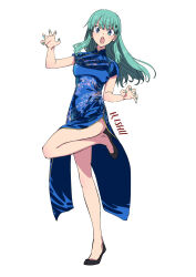  black_footwear blue_dress china_dress chinese_clothes curled_fingers dress female full_body green_eyes green_hair hair_ornament hairclip highres ishii_hisao kantai_collection long_hair short_sleeves simple_background solo standing standing_on_one_leg suzuya_(kancolle) white_background 