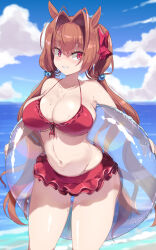  animal_ears bare_shoulders beach bikini bikini_skirt blue_sky blush breasts brown_hair cleavage daiwa_scarlet_(trifle_vacation)_(umamusume) daiwa_scarlet_(umamusume) day female frilled_bikini frills front-tie_bikini_top front-tie_top grin hair_bobbles hair_intakes hair_ornament highres holding holding_swim_ring horse_ears horse_girl horse_tail innertube large_breasts long_hair looking_at_viewer low_twintails mamo_williams navel ocean official_alternate_costume official_alternate_hairstyle outdoors red_bikini red_eyes sky smile solo standing swim_ring swimsuit tail twintails umamusume very_long_hair water 