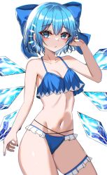  :/ absurdres bikini blue_eyes blue_hair bow breasts cirno cleavage female hairbow highres ice ice_wings kiui_(dagk8254) midriff navel short_hair small_breasts solo swimsuit thigh_strap touhou wings 