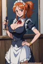  ai_generated aindroidparanoid ass big_ass big_breasts big_butt black_eyes breasts brown_eyes cleavage ginger_hair hips huge_ass huge_breasts huge_butt indoors large_ass large_breasts large_butt maid maid_headdress maid_outfit maid_uniform nami nami_(one_piece) narrow_waist one_piece orange_hair ponytail short_hair skinny slim_waist stable_diffusion wide_hips 