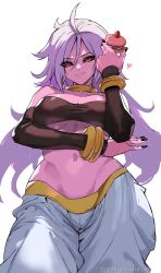  android_21 ashiomi_masato bare_shoulders black_sclera black_tube_top blush bracelet breasts colored_sclera colored_skin detached_sleeves dragon_ball dragon_ball_fighterz earrings female food harem_pants highres jewelry large_breasts long_hair looking_at_viewer macaron majin_android_21 navel neck_ring pants pink_skin pointy_ears red_eyes smile solo strapless tube_top white_hair white_pants 