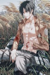  1boy abs absurdres alternate_eye_color belt black_hair blood blood_on_body blood_on_clothes blood_on_stomach blue_eyes chain-link_fence closed_mouth devil_heavens eren_yeager fence grass highres injury looking_at_viewer male_focus muscular muscular_male paradis_military_uniform pectorals shingeki_no_kyojin sitting solo three-dimensional_maneuver_gear 