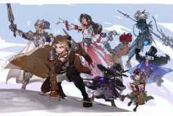  1other 3girls 4boys adelbert_steiner armor black_mage_(final_fantasy) blue_mage_(final_fantasy) book brown_coat coat commentary dragoon_(final_fantasy) dual_wielding eiko_carol fake_horns final_fantasy final_fantasy_ix final_fantasy_xiv freija_crescent garnet_til_alexandros_xvii hat highres holding holding_polearm holding_staff holding_sword holding_weapon hood hooded_coat horned_headwear horns in-franchise_crossover mage_staff monk_(final_fantasy) multiple_boys multiple_girls paladin_(final_fantasy) polearm quina_quen salamander_coral shio_ga spear staff summoner_(final_fantasy) sword tongue tongue_out top_hat viper_(final_fantasy) vivi_ornitier weapon white_mage_(final_fantasy) zidane_tribal 