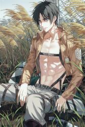  1boy abs absurdres alternate_eye_color belt black_hair blue_eyes chain-link_fence closed_mouth devil_heavens eren_yeager fence grass highres looking_at_viewer male_focus muscular muscular_male paradis_military_uniform pectorals shingeki_no_kyojin sitting solo three-dimensional_maneuver_gear 