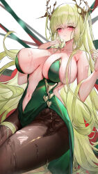  absurdres azur_lane bare_shoulders breasts brown_pantyhose cleavage collarbone dress female flower full_body green_dress green_hair hair_ornament highres large_breasts long_hair looking_at_viewer napoli_(azur_lane) pantyhose purple_eyes ren_(2993) simple_background solo strapless strapless_dress very_long_hair white_flower 