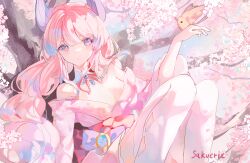  absurdres bare_shoulders feet_out_of_frame female genshin_impact highres hiranmayi japanese_clothes kimono knees_up long_hair long_sleeves looking_at_viewer off_shoulder pink_hair pink_kimono purple_eyes sangonomiya_kokomi sitting solo thighhighs very_long_hair white_thighhighs 