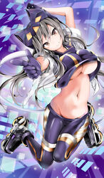  abstract_background arm_up blush breasts brown_eyes cat_mask closed_mouth commentary_request crop_top duel_monster earpiece fake_tail female floating full_body gloves grey_hair groin hair_between_eyes head_tilt highres i:p_masquerena inline_skates kuromiko_shoujo large_breasts long_hair looking_at_viewer mask multicolored_pants multicolored_shirt navel pants partial_commentary pointing pointing_at_viewer purple_background purple_gloves purple_pants purple_shirt roller_skates see-through shirt short_sleeves sidelocks skates smile solo stomach tail tight_clothes tight_pants twintails underboob yu-gi-oh! 