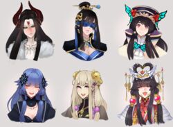  6+girls black_hair blindfold blonde_hair blue_hair dan_fei demon_girl green_eyes hair_ornament headdress headgear highres lie_mei_(thunderbolt_fantasy) long_hair mu_tian_ming multiple_girls red_eyes scathegrapes smile thunderbolt_fantasy xie_yingluo xing_hai zhao_jun_lin 