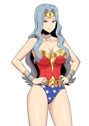  absurdres bad_id bad_pixiv_id bare_shoulders blue_eyes blue_hair bracelet breasts cleavage collarbone commentary_request cosplay cowboy_shot dc_comics female hands_on_own_hips highres jewelry karen_(pokemon) korean_commentary large_breasts leotard long_hair pokemon pokemon_hgss simple_background smile solo strapless tiara vmfhaldnjfem white_background wonder_woman wonder_woman_(cosplay) wonder_woman_(series) 