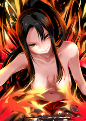  absurdres arachne arthropod_girl black_hair blush breasts chaos_witch_quelaag closed_mouth collarbone commentary_request convenient_censoring dark_souls_(series) dark_souls_i extra_eyes female fire glitch hair_between_eyes head_tilt highres leaning_forward long_hair looking_at_viewer medium_breasts monster_girl navel nude onizo partial_commentary ponytail red_eyes sidelocks smile solo spider_girl stomach taur 