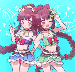  2girls ;d amane_tsukasa amane_tsukasa_(swimsuit_ver.) amane_tsukuyo amane_tsukuyo_(swimsuit_ver.) bikini bikini_skirt blue_background blue_bikini blush bow braid braided_ponytail brown_choker brown_hair choker closed_mouth coral_hair_ornament cowboy_shot crescent crescent_hair_ornament eighth_note flower frilled_bikini frilled_cuffs frills green_bikini hair_flower hair_ornament hairbow halterneck hand_on_another&#039;s_hip hand_up high_braid highres locked_arms long_hair magia_record:_mahou_shoujo_madoka_magica_gaiden mahou_shoujo_madoka_magica matching_outfits multiple_girls musical_note no_nose official_alternate_costume one_eye_closed open_mouth pendant_choker plumeria red_bow red_eyes ribbon shell shell_hair_ornament siblings sidelocks simple_background single_braid single_wrist_cuff sisters smile spaghetti_strap split_mouth star_(symbol) star_hair_ornament starfish_hair_ornament swimsuit takenoko_mgrc treble_clef twin_braids twins v very_long_hair white_ribbon wrist_cuffs yellow_flower 