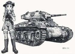  ac1_sentinel ballpoint_pen_(medium) belt binoculars blunt_bangs boots collared_shirt combat_boots commentary_request female girls_und_panzer greyscale highres holding holding_binoculars holster knee_boots koala koala_forest_(emblem) koala_forest_military_uniform looking_at_viewer medium_hair military military_vehicle monochrome motor_vehicle nspa_(spa-jcs) open_mouth partial_commentary sam_browne_belt shirt short_sleeves shorts slouch_hat solo standing tank thighhighs thighhighs_under_boots traditional_media twitter_username vehicle_focus wallaby_(girls_und_panzer) zipper 