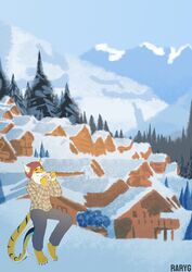  anthro beanie bottomwear building clothing detailed_background fish forest forest_background hat headgear headwear hi_res house jacket male marine mountain nature nature_background pants plant raryg resort shark shark_tail sky snow solo topwear tree winter winter_clothing winter_coat 