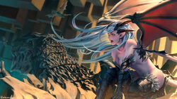  aqua_hair artist_name collarbone dragon dragon_tail dragon_wings fangs feathers female floating floating_hair flying highres horns kneeling long_hair looking_to_the_side midair navel nude open_mouth pointy_ears red_wings solo tail teeth whoareuu wings yellow_eyes 