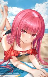  absurdres ass azur_lane barefoot beach bikini black_bikini breasts cleavage cloud cloudy_sky day female frilled_bikini frills full_body highres long_hair looking_at_viewer lying ocean off-shoulder_bikini off_shoulder official_alternate_costume on_stomach outdoors pink_eyes princeton_(azur_lane) princeton_(seaside_training)_(azur_lane) red_hair ruinsfeather sand sky solo swimsuit the_pose water 