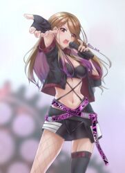  absurdres asymmetrical_legwear belt blonde_hair blurry blurry_background blush brown_eyes brown_hair crop_top eyes_visible_through_hair female fingerless_gloves fishnets gloves gradient_hair gyaru hair_between_eyes hair_over_one_eye highres holding holding_microphone idol idolmaster idolmaster_shiny_colors izumi_mei jacket kagin_(kagou_shita_nanika) long_hair microphone midriff miniskirt mismatched_legwear multicolored_hair music purple_hair singing skirt solo streaked_hair tan teeth thighhighs twitter_username upper_teeth_only 