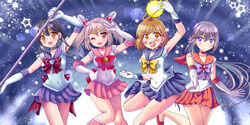  4girls ahoge akebono_(kancolle) aura back_bow bandaid bandaid_on_face bell bishoujo_senshi_sailor_moon bishoujo_senshi_sailor_moon_s black_hair blue_choker boots bow breasts brooch brown_eyes brown_hair choker circlet cosplay earrings elbow_gloves flower gloves hair_bell hair_between_eyes hair_flower hair_ornament heart heart_brooch highres holding holding_polearm holding_weapon inner_senshi izumi_shara jewelry jingle_bell kantai_collection large_breasts long_hair magical_girl multiple_girls night oboro_(kancolle) open_mouth polearm purple_eyes purple_hair purple_sailor_collar red_ribbon red_sailor_collar ribbon sailor_chibi_moon sailor_chibi_moon_(cosplay) sailor_collar sailor_mars sailor_mars_(cosplay) sailor_moon_pose sailor_saturn sailor_saturn_(cosplay) sailor_senshi sailor_senshi_uniform sailor_uranus sailor_uranus_(cosplay) saturn_symbol sazanami_(kancolle) side_ponytail silence_glaive sky smile spear star_(sky) star_(symbol) star_choker starry_sky super_sailor_saturn super_sailor_saturn_(cosplay) ushio_(kancolle) very_long_hair weapon white_gloves world_shaking 