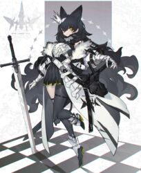  animal_ears armor asymmetrical_legwear bad_id bad_pixiv_id black_hair black_pantyhose black_skirt crown extra_ears female fox_ears fox_girl fox_tail fur-trimmed_armor fur_trim gauntlets highres looking_at_viewer mini_crown original pantyhose planted planted_sword shiba_(s_hi_ba_) single_leg_pantyhose single_thighhigh skirt solo sword tail thighhighs weapon yellow_eyes 