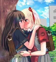  2girls backpack bag black_hair blonde_hair blue_dress blue_sky blush building cloud commentary_request day dress hair_ribbon hand_on_another&#039;s_shoulder hand_on_another&#039;s_waist inoue_takina kissing komari_(komarimiru3) long_hair lycoris_recoil lycoris_uniform medium_hair multiple_girls nishikigi_chisato outdoors pleated_skirt purple_eyes red_dress red_eyes red_ribbon ribbon short_sleeves skirt sky sweatdrop tree upper_body yuri 