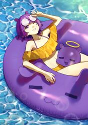  :3 =_= absurdres alternate_costume bare_shoulders bikini coke-bottle_glasses female frilled_bikini frills glasses grin halo highres hololive hololive_english innertube mole mole_under_eye navel ninomae_ina&#039;nis one_eye_closed open_mouth partially_submerged purple_eyes purple_hair rakku_(rkrmz0n) short_hair smile swim_ring swimsuit takodachi_(ninomae_ina&#039;nis) virtual_youtuber water 