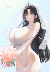  absurdres black_hair blue_eyes blue_sky bouquet breasts bridal_veil commentary commission cowboy_shot egoswans elbow_gloves falling_petals female fishnet_thighhighs fishnets flower gloves halter_leotard halterneck highleg highleg_leotard highres holding holding_bouquet huge_breasts korean_commentary leotard light_blush long_hair looking_at_viewer original parted_lips petals pink_flower pink_rose pixiv_commission rose rose_petals sideless_leotard sideless_outfit sky smile solo standing teeth thighhighs tiara veil very_long_hair white_gloves white_leotard 