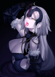  absurdres armor armored_dress bare_shoulders black_dress blood breasts chains cleavage cleavage_cutout clothing_cutout collar dress fate/grand_order fate_(series) female gauntlets grey_hair headpiece highres jeanne_d&#039;arc_alter_(avenger)_(fate) jeanne_d&#039;arc_alter_(avenger)_(third_ascension)_(fate) jeanne_d&#039;arc_alter_(fate) large_breasts long_hair looking_at_viewer metal_collar open_mouth pale_skin ri_o_ne_su solo sweat tongue tongue_out very_long_hair yellow_eyes 