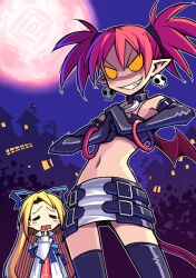  2girls angel blonde_hair closed_eyes cracking_knuckles crop_top demon_girl disgaea dress earrings elbow_gloves etna_(disgaea) flat_chest flonne full_moon gloves grin highres jewelry long_hair looking_at_viewer miniskirt moon multiple_girls navel netherworld_(disgaea) oerba_yun_fang outdoors pointy_ears red_hair short_hair short_twintails skirt skull_earrings smile spdcooler teeth twintails zettai_ryouiki 