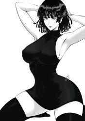  absurdres armpits arms_behind_head arms_up artist_name breasts closed_mouth commentary dress female fubuki_(one-punch_man) greyscale highres kneeling large_breasts lips monochrome mostlybluewyatt one-punch_man short_hair signature simple_background sleeveless sleeveless_dress smile thighhighs thighs turtleneck white_background zettai_ryouiki 