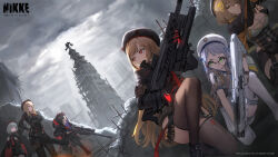  6+girls absurdres anis_(nikke) assault_rifle beret black_gloves black_hair black_hat black_hoodie black_shirt black_thighhighs brown_hair brown_thighhighs character_request cho_gum closed_mouth day emma_(nikke) eunhwa_(nikke) gatling_gun gloves goddess_of_victory:_nikke green_eyes grey_hair gun hat highres holding holding_gun holding_weapon hood hood_down hoodie machine_gun medium_hair multiple_girls neon_(nikke) official_art outdoors pleated_skirt rapi_(nikke) rifle scope second-party_source shirt shotgun skirt sniper_rifle taking_cover thighhighs vesti_(nikke) weapon white_hat white_shirt white_thighhighs yellow_eyes 