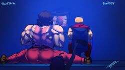  1other 2boys ass black_hair blue_background commentary crt dougi english_commentary evolution_championship_series hayao_(gamer) hugo_andore ken_masters male_focus multiple_boys muscular muscular_male pink_tank_top playing_games pleasure_castle_(fakery_way) sleeveless split stage street_fighter street_fighter_iii_(series) tank_top 