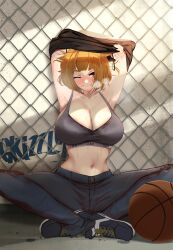  absurdres armpits arms_up basketball black_skirt blue_footwear blue_pants blush bra breasts brown_hair chain-link_fence character_name cleavage commentary_request denim female fence girls&#039;_frontline grey_bra grey_sports_bra grizzly_mkv_(girls&#039;_frontline) heavy_breathing highres jeans looking_at_viewer medium_hair messy_hair navel ohc. on_floor one_eye_closed outdoors pants purple_eyes shoes sitting skirt smile solo sports_bra stomach sweat underwear undressing 