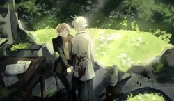  2boys atou_haruki between_legs black_jacket black_pants blonde_hair blood blood_on_clothes blood_on_ground brown_sweater closed_eyes closed_mouth commentary day flower hand_between_legs highres jacket kanou_aogu lab_coat long_sleeves male_focus mei_(tn9043) multiple_boys on_chair open_clothes open_jacket pants papers rubble saibou_shinkyoku short_hair sitting smile sweater table turtleneck turtleneck_sweater white_flower white_hair 