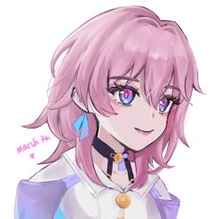  black_choker blue_eyes character_name choker commentary female hair_intakes highres honkai:_star_rail honkai_(series) march_7th_(honkai:_star_rail) march_7th_(preservation)_(honkai:_star_rail) pink_hair pink_lips portrait purple_eyes shirt short_hair silviaxlove simple_background smile solo two-tone_eyes white_background white_shirt 