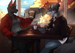  anthro beverage cafe canid canine canis clothed clothing coffee duo father_hill hi_res jackal male male/male mammal muscular muscular_male restaurant sitting wolf 