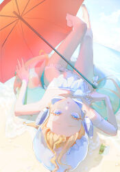  abigail_williams_(fate) abigail_williams_(swimsuit_foreigner)_(fate) absurdres barefoot beach bikini blonde_hair blue_eyes commentary day fate/grand_order fate_(series) female full_body highres innertube legs_up long_hair lying mokuba_(muma) on_back outdoors parted_lips solo sunlight swim_ring swimsuit symbol-only_commentary umbrella white_bikini 