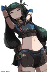  android armpits arms_up black_hair black_shorts blue_gloves blunt_bangs braid closed_mouth clothes_writing cowboy_shot crop_top dated elbow_gloves female gloves green_eyes green_hair hair_ribbon highres long_hair looking_at_viewer midriff multicolored_hair nosuku qingyi_(zenless_zone_zero) ribbon shorts side_braids simple_background solo twintails twitter_username very_long_hair white_background zenless_zone_zero 