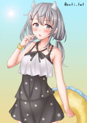  anti_(untea9) black_one-piece_swimsuit blue_background blush casual_one-piece_swimsuit cowboy_shot dress dress_swimsuit fake_horns female gradient_background grey_eyes grey_hair hair_ornament headgear highres horned_headwear horns i-201_(kancolle) i-201_(swimsuit_mode)_(kancolle) kantai_collection long_hair looking_at_viewer low_twintails official_alternate_costume one-piece_swimsuit polka_dot polka_dot_dress polka_dot_swimsuit solo swim_ring swimsuit swimsuit_skirt twintails x_hair_ornament yellow_background yellow_innertube 