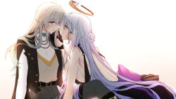  2girls backless_dress backless_outfit bare_shoulders black_dress black_jacket black_pants blue_eyes blush braid breasts closed_mouth crown_braid dress earrings eye_contact firefly_(honkai:_star_rail) grey_hair halo head_wings honkai:_star_rail honkai_(series) jacket jewelry large_breasts long_hair looking_at_another multiple_girls open_clothes open_jacket pants purple_eyes purple_hair robin_(honkai:_star_rail) shirt sideboob sieka_(piiroinardesco) simple_background smile white_background white_shirt wings yuri 